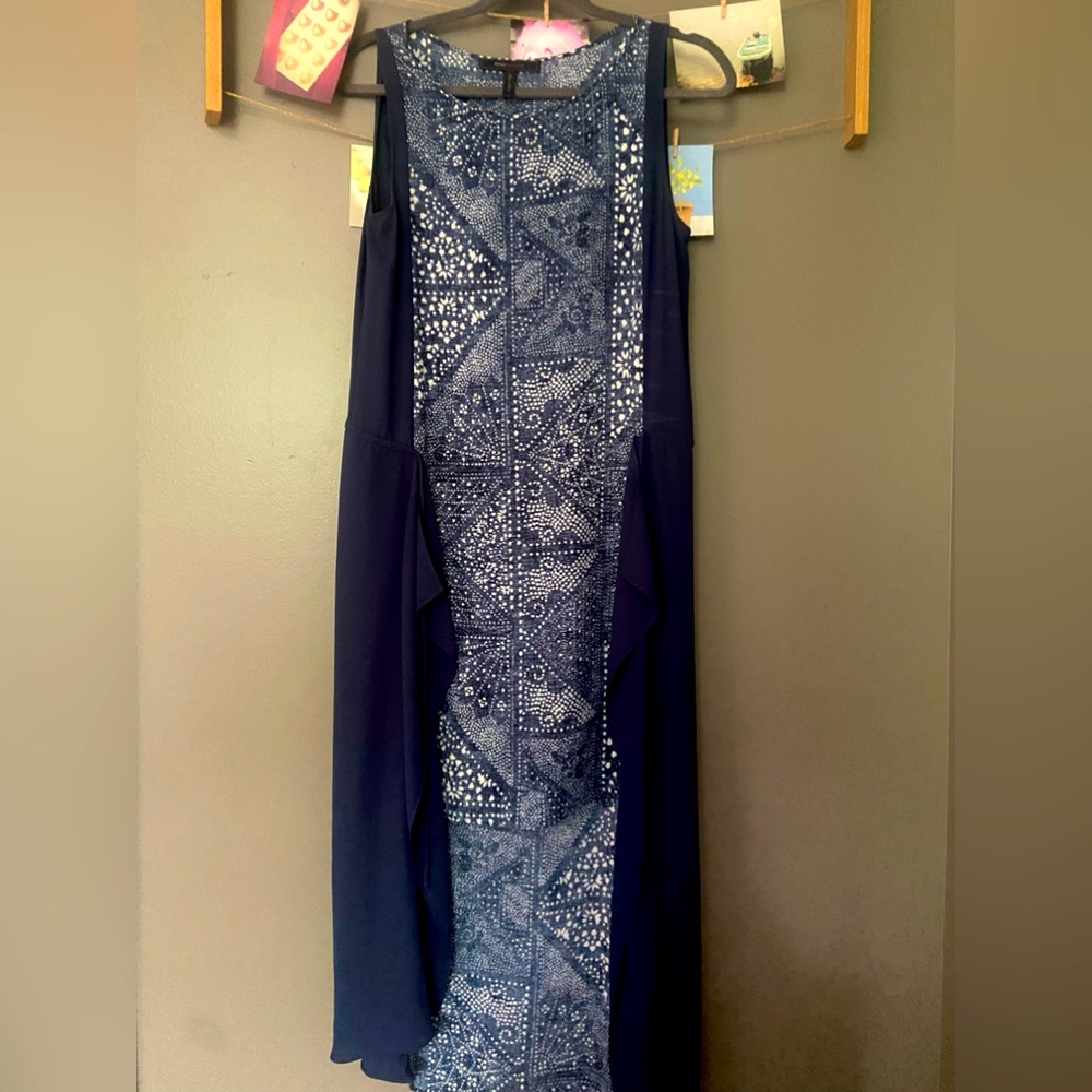 BCBG Max Azria branded sleeveless chrome blue high/low dress